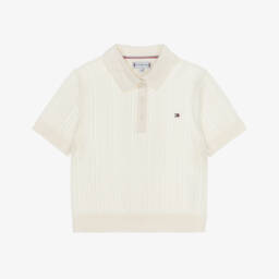 Girls Ivory Cotton Pointelle Knit Polo Shirt