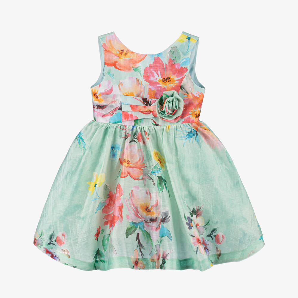 Abel & Lula-Girls Green Linen Floral Print Dress | Childrensalon