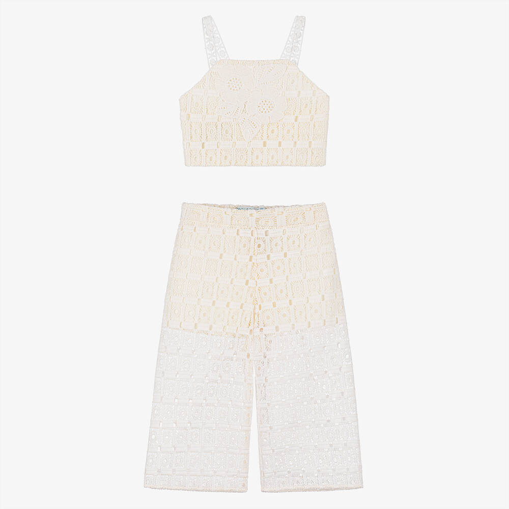 Abel & Lula-Girls Ivory Crochet Trousers Set | Childrensalon