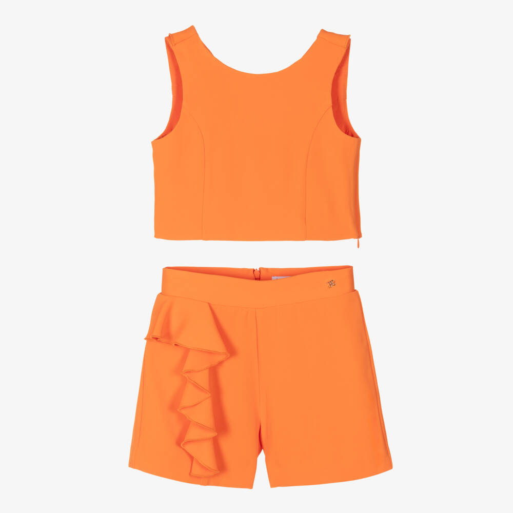 Abel & Lula-Girls Orange Crêpe Ruffle Shorts Set | Childrensalon