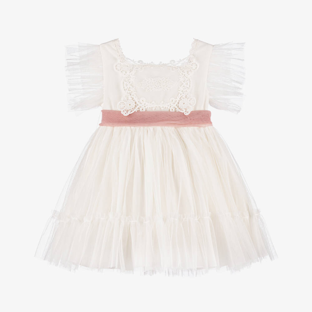 Abuela Tata-Girls White Tulle Dress With Sash | Childrensalon