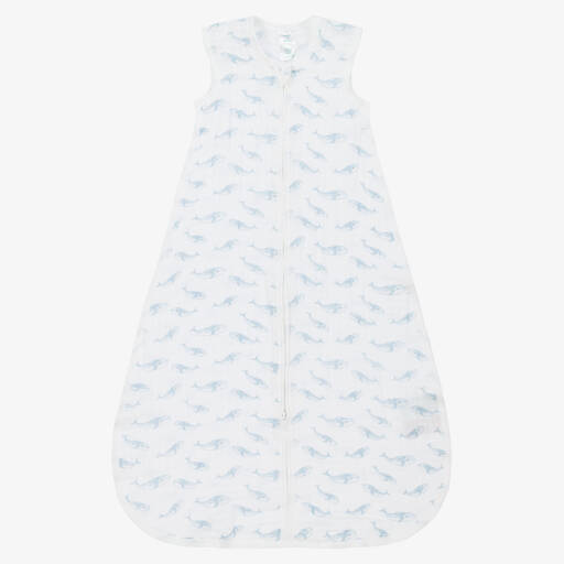 aden + anais-White Organic Cotton Blue Whale Print Sleeping Bag | Childrensalon