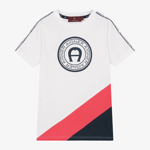 AIGNER-Boys White Cotton T-Shirt | Childrensalon