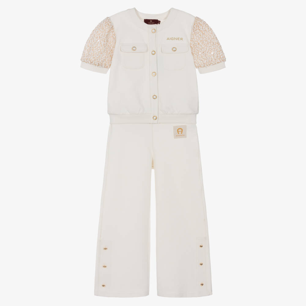 AIGNER-Girls Ivory Cotton Jersey Trouser Set | Childrensalon