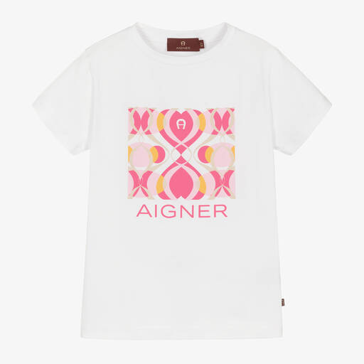 AIGNER-Girls White & Pink Cotton T-Shirt | Childrensalon
