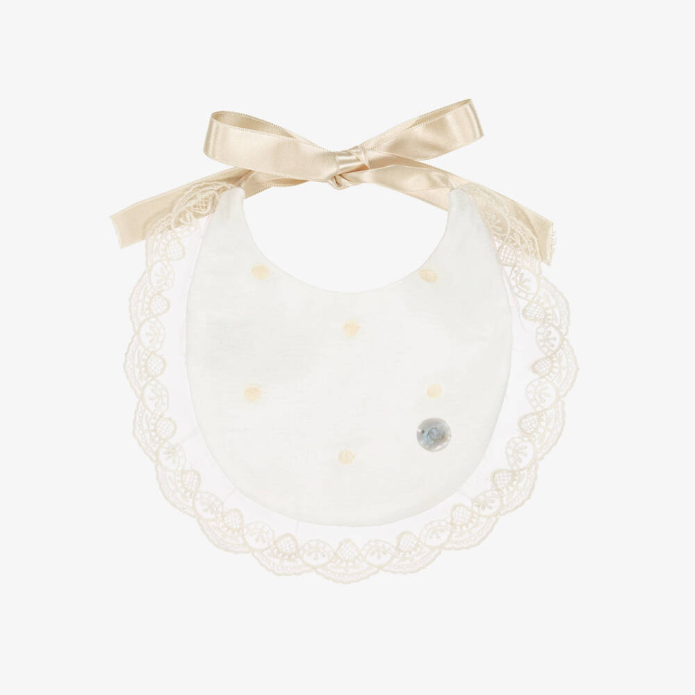Artesanía Granlei-Baby Girls Ivory Bib with Lace Trim & Satin Ribbon Ties | Childrensalon