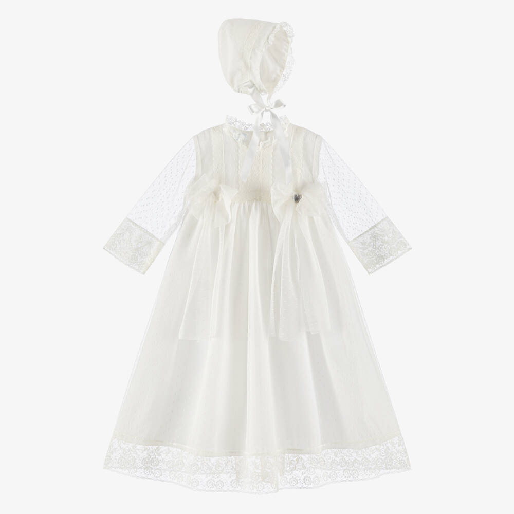 Artesanía Granlei-Baby Girls Ivory Lace Ceremony Dress & Bonnet Set | Childrensalon