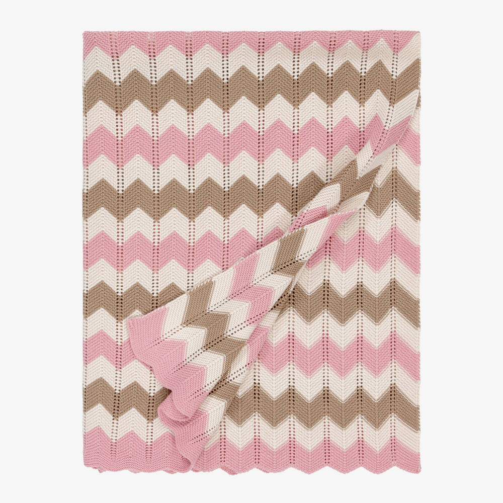 Artesanía Granlei-Baby Girls Pink & Beige Zigzag Knitted Blanket (108cm) | Childrensalon