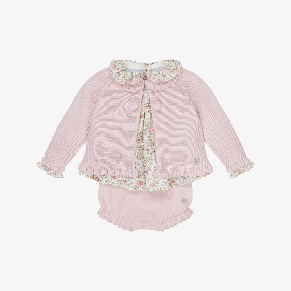 Artesanía Granlei-Baby Girls Pink Floral Blouse & Knitted Shorts Set | Childrensalon