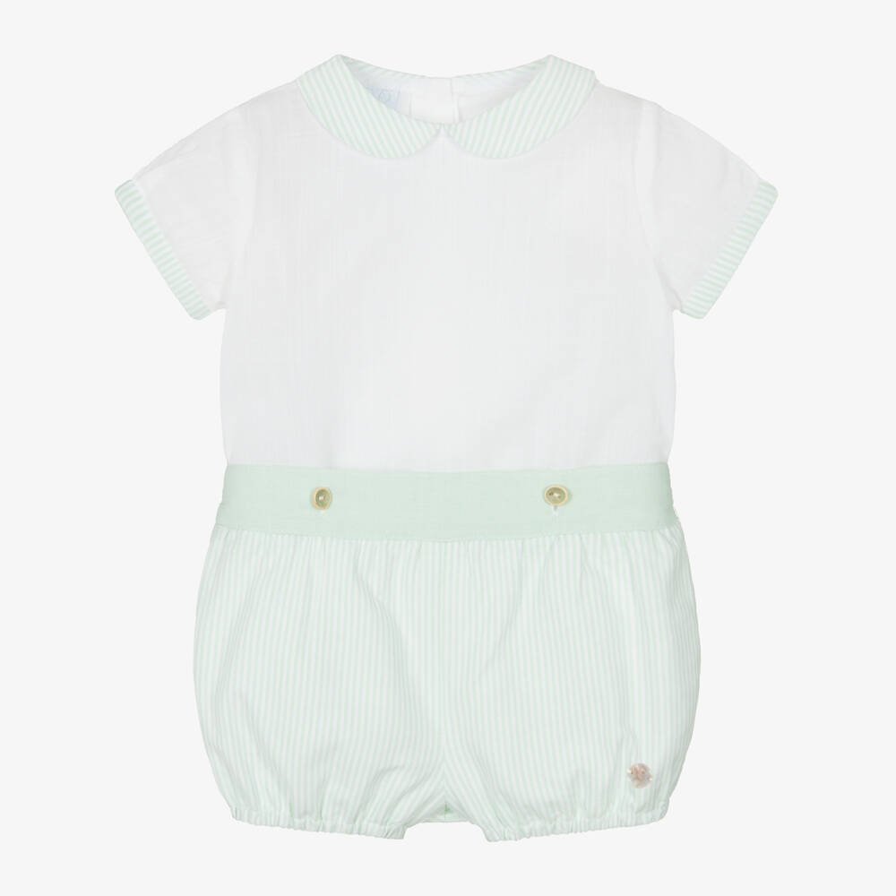 Artesanía Granlei-Boys White & Green Cotton Buster Suit | Childrensalon