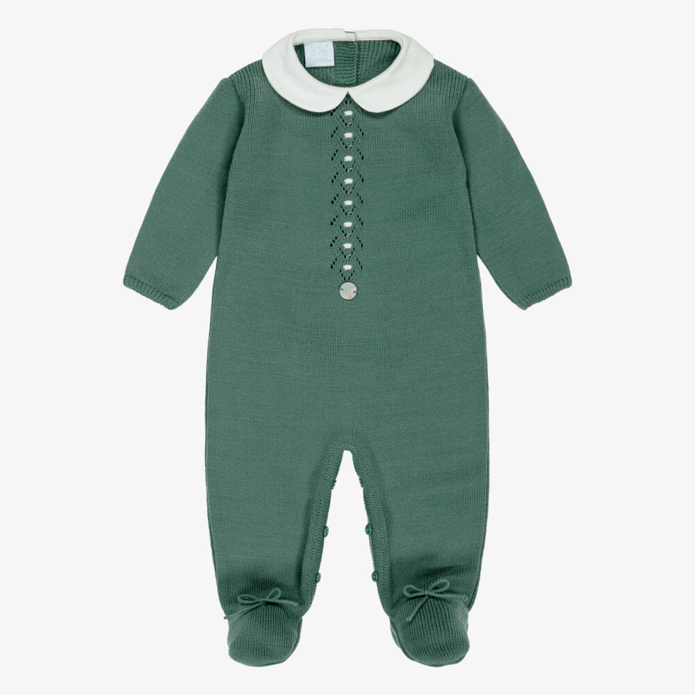 Artesanía Granlei-Dark Green Knitted Babygrow with Collar | Childrensalon