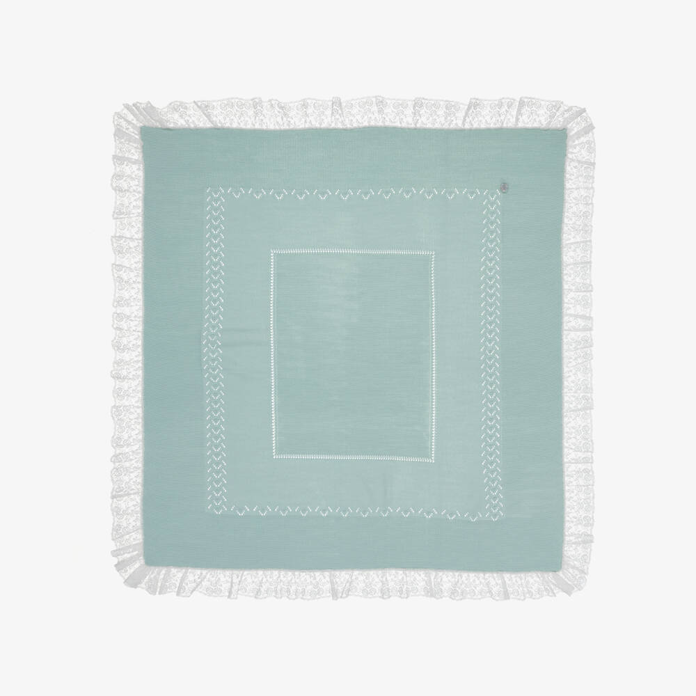 Artesanía Granlei-Duck Egg Green Lace Trim Knitted Baby Blanket (104cm) | Childrensalon