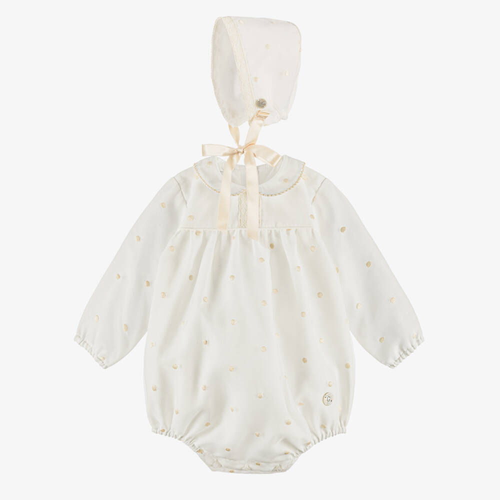 Artesanía Granlei-Ivory Embroidered Polka Dot Babysuit Set | Childrensalon