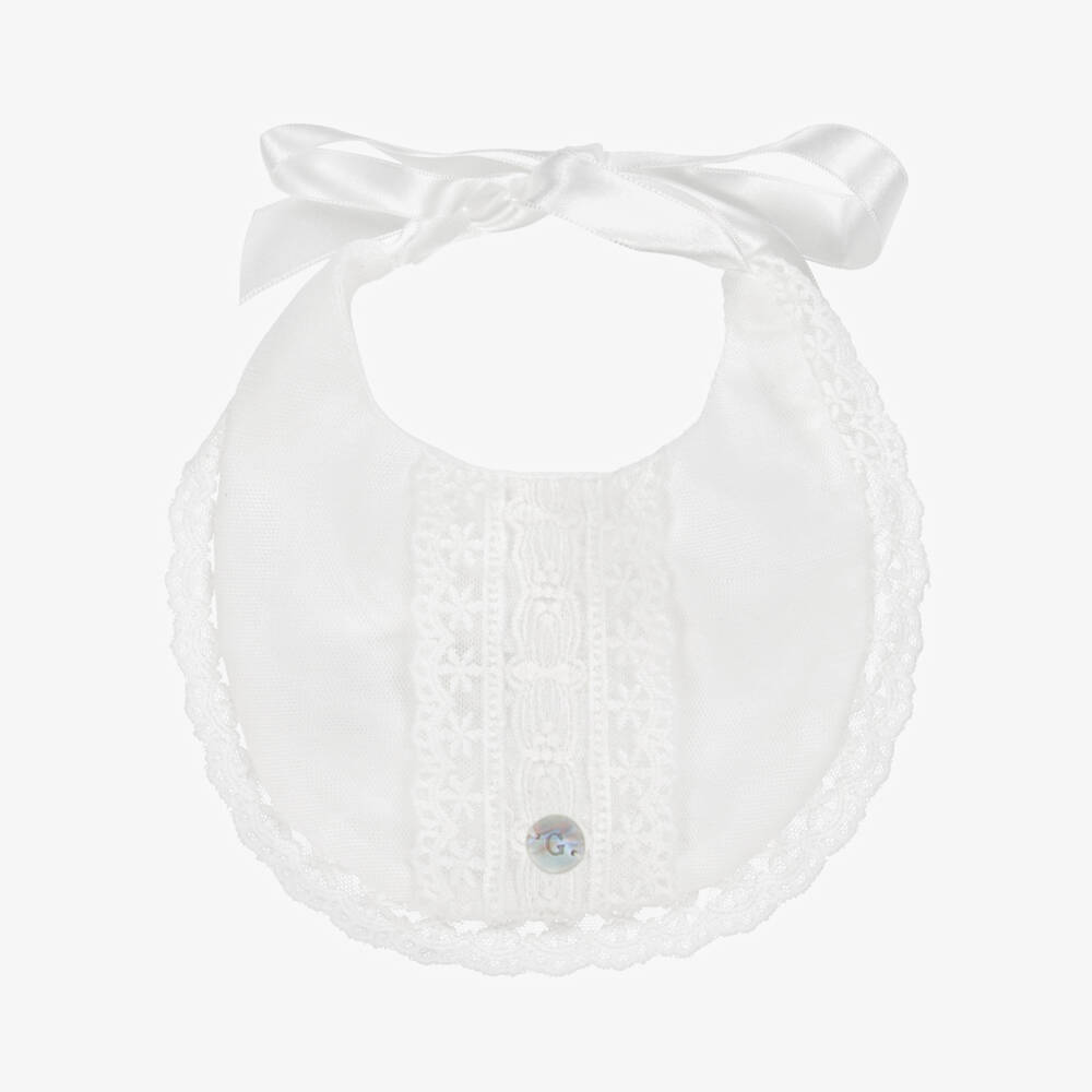 Artesanía Granlei-Ivory Tulle & Lace Baby Bib with Satin Ribbon Ties | Childrensalon