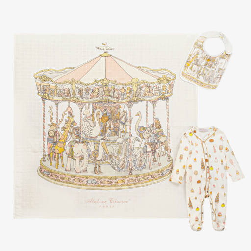Atelier Choux Paris-Ivory Cotton Carousel Print Babysuit Gift Set | Childrensalon