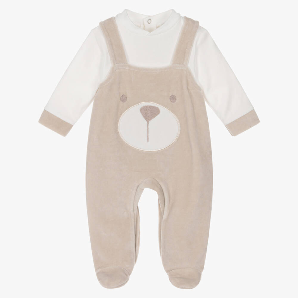 Babidu-Boys Beige Velour Teddy Bear Babygrow | Childrensalon