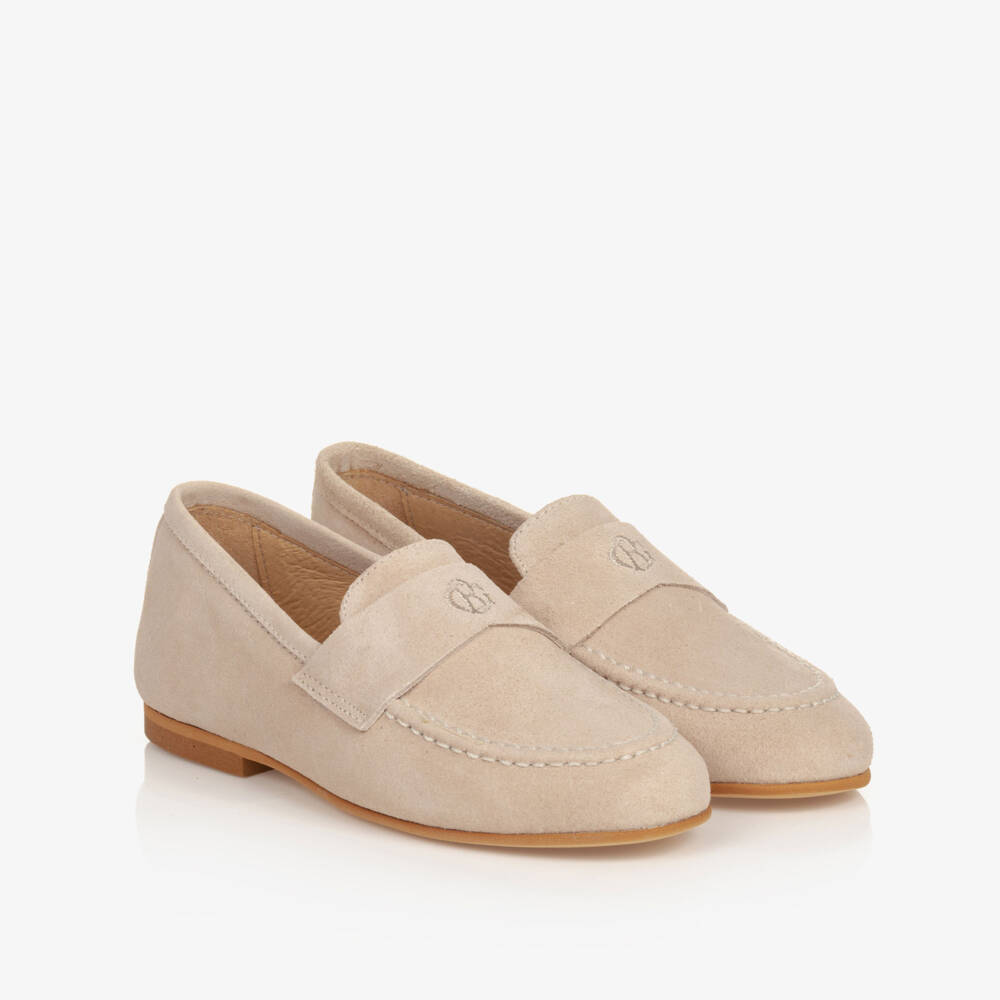 Beatrice & George-Boys Beige Leather Monogram Loafers | Childrensalon