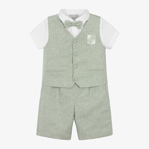 Beatrice & George-Boys Green Cotton & Linen Waistcoat Suit  | Childrensalon