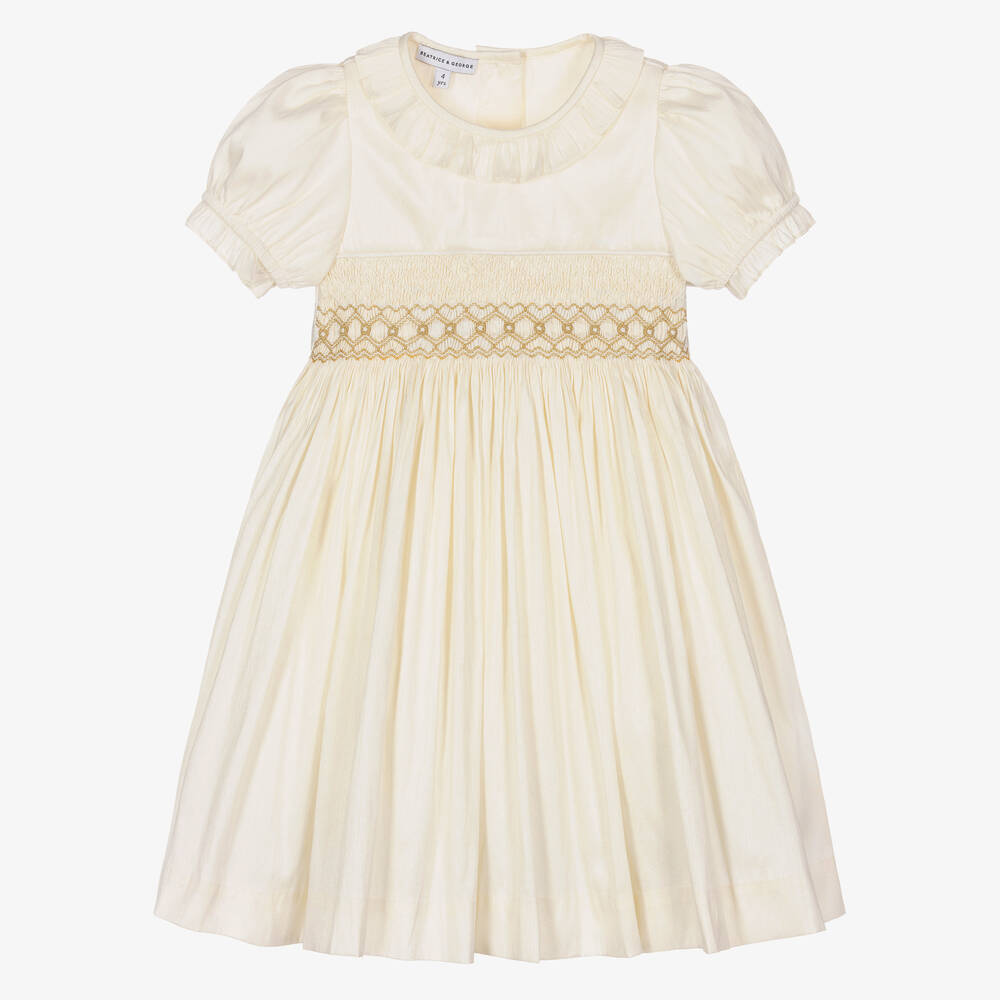 Beatrice & George-Girls Champagne Hand-Smocked Dupion Dress | Childrensalon