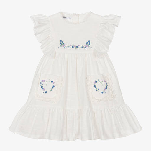 Beatrice & George-Girls Ivory Hand-Embroidered Cotton Dress | Childrensalon