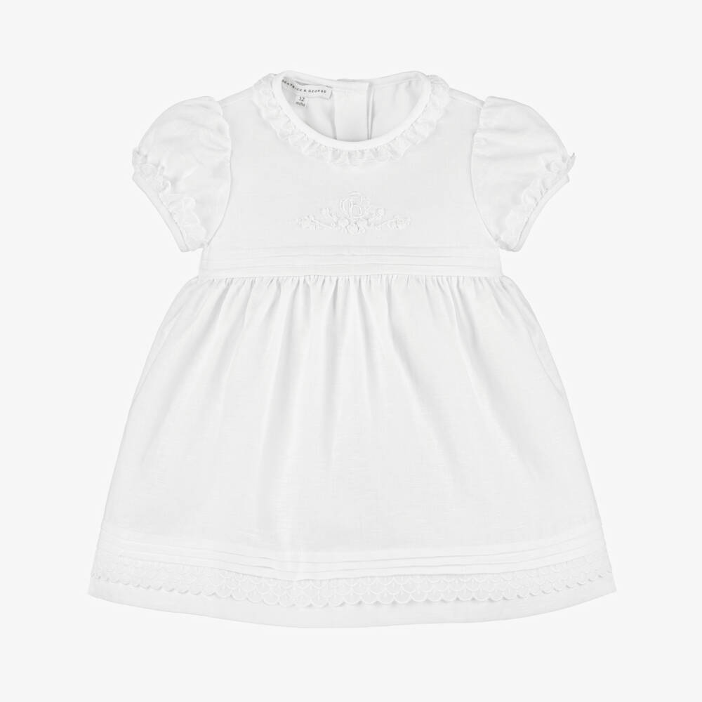 Beatrice & George-Girls White Linen & Cotton Dress | Childrensalon