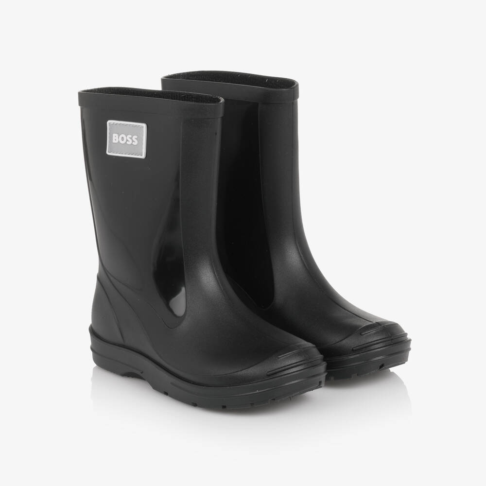 BOSS-Boys Black Rain Boots with Glossy Panels | Childrensalon