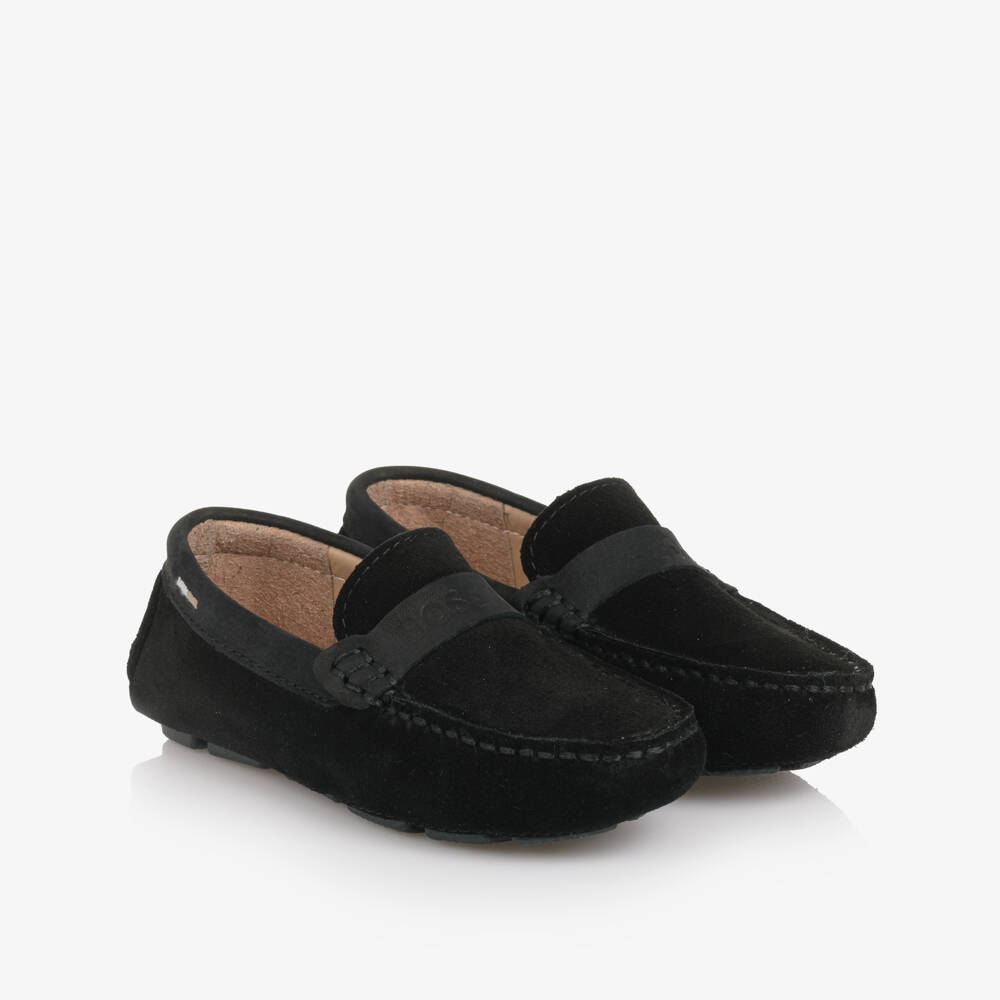 BOSS-Boys Black Suede Leather Loafers | Childrensalon