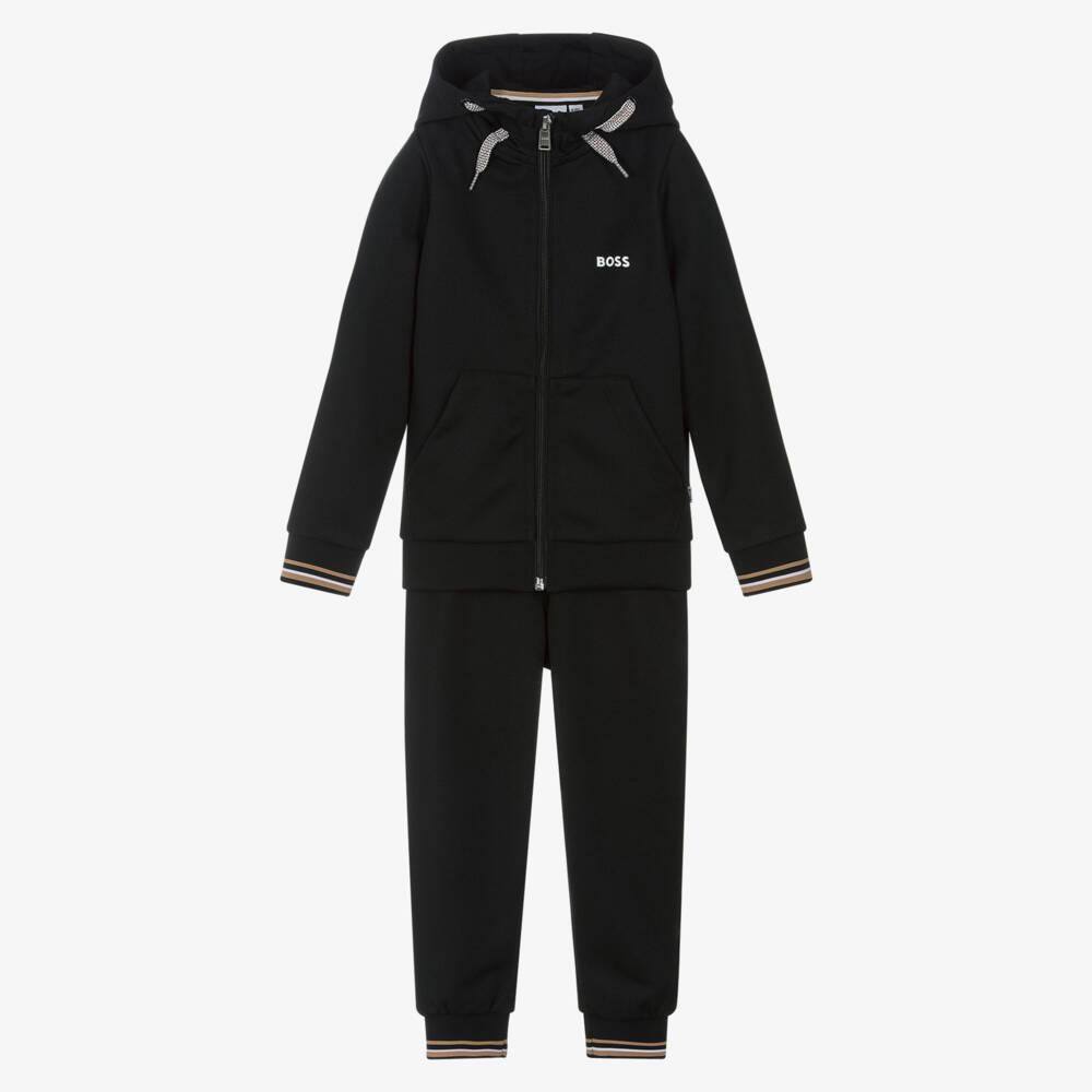 BOSS-Boys Black Zip-Up Hooded Tracksuit | Childrensalon