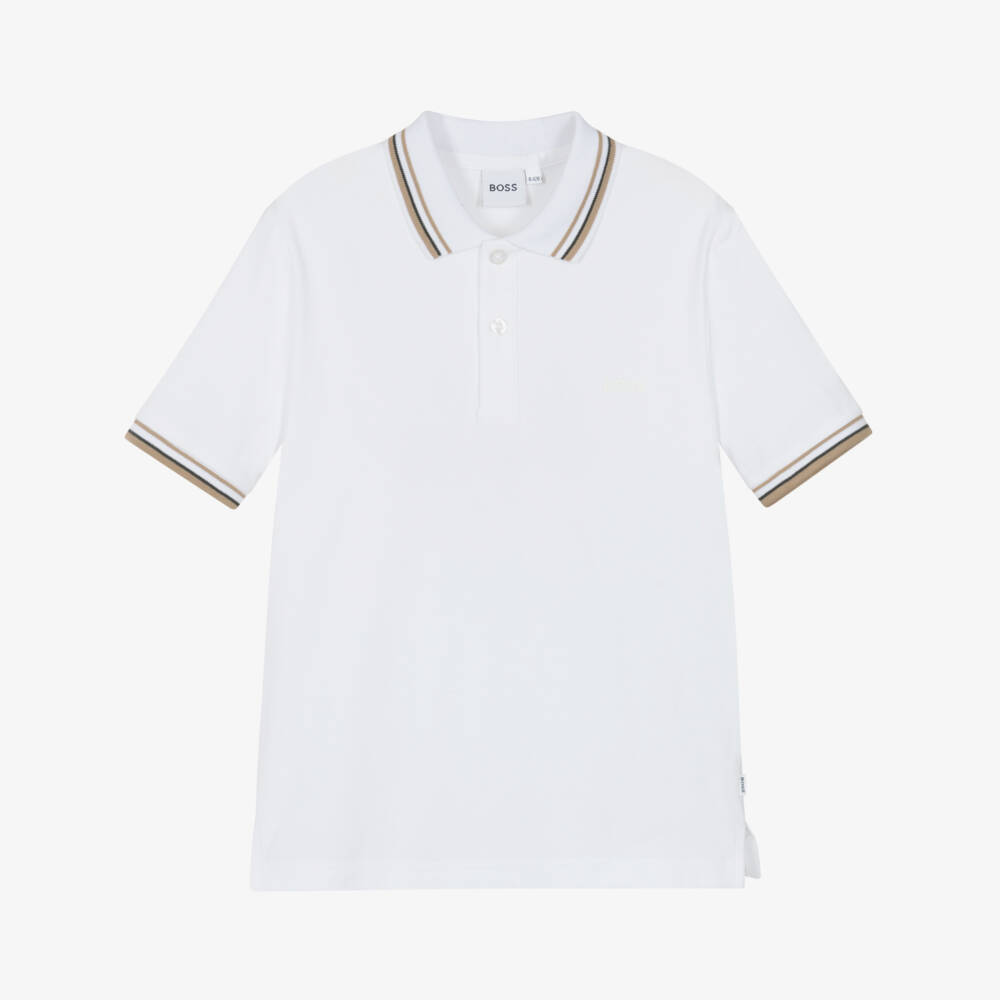 BOSS-Boys Short-Sleeved White Cotton Piqué Polo Shirt | Childrensalon