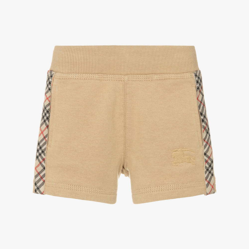 Burberry-Baby Boys Beige Cotton Shorts with Check Trim & EKD Logo | Childrensalon
