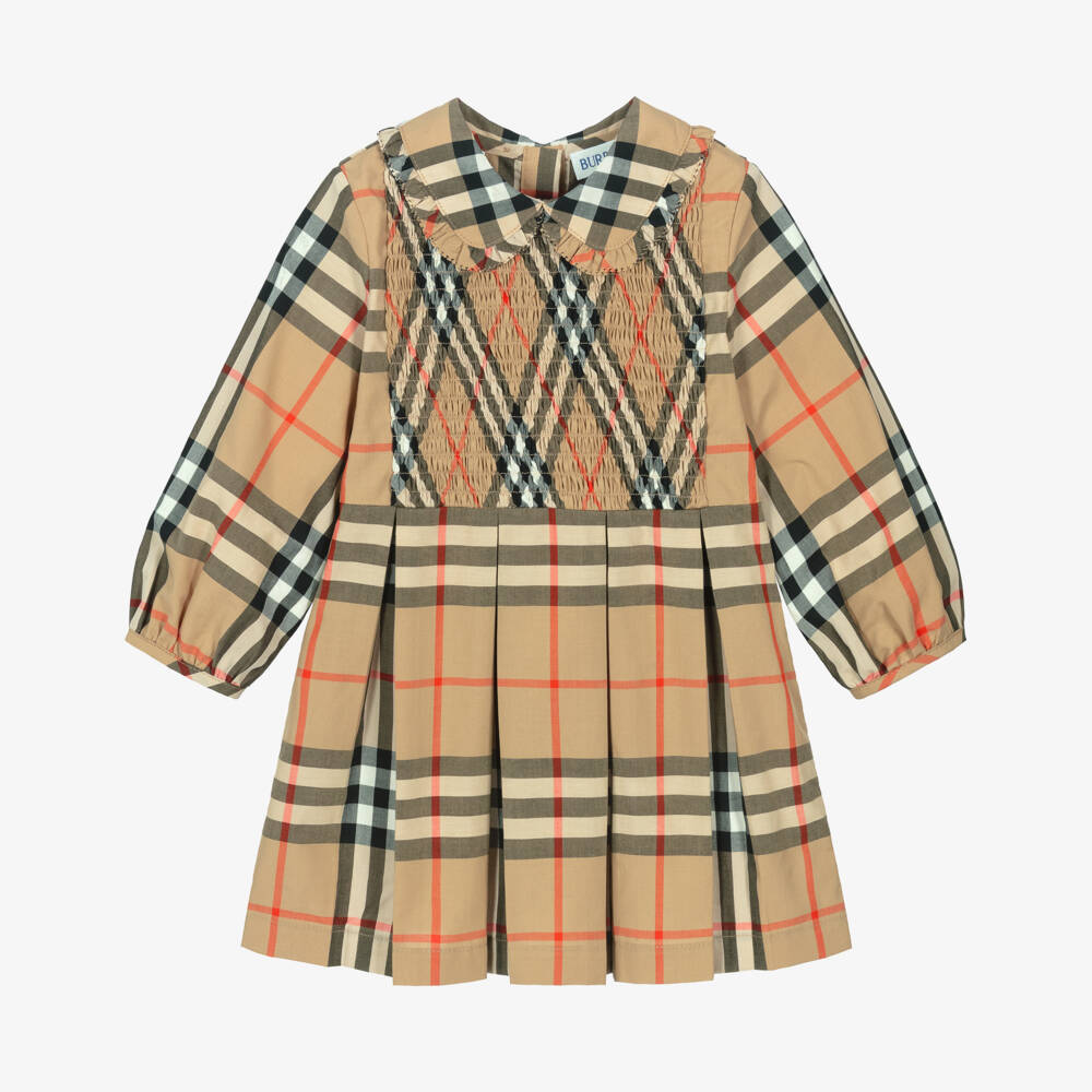 Burberry-Baby Girls Beige Check Shirred Cotton Dress  | Childrensalon