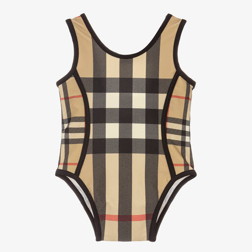 Burberry-Baby Girls Beige Check Swimsuit | Childrensalon