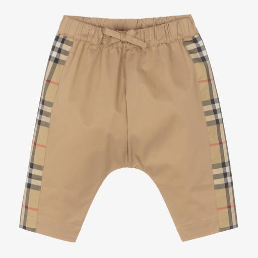 Burberry-Beige Cotton Checked Baby Trousers | Childrensalon