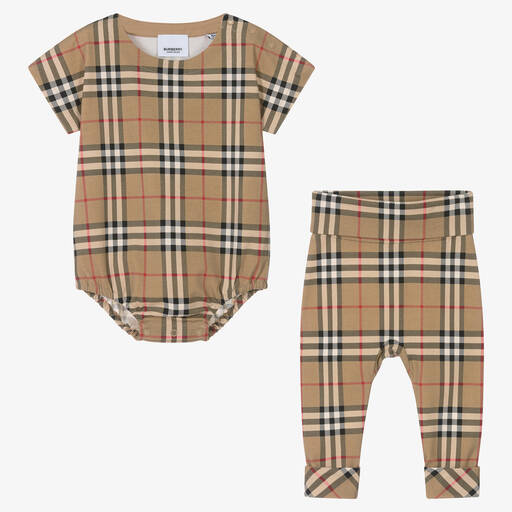 Burberry-Beige Cotton Vintage Check Baby Gift Set | Childrensalon
