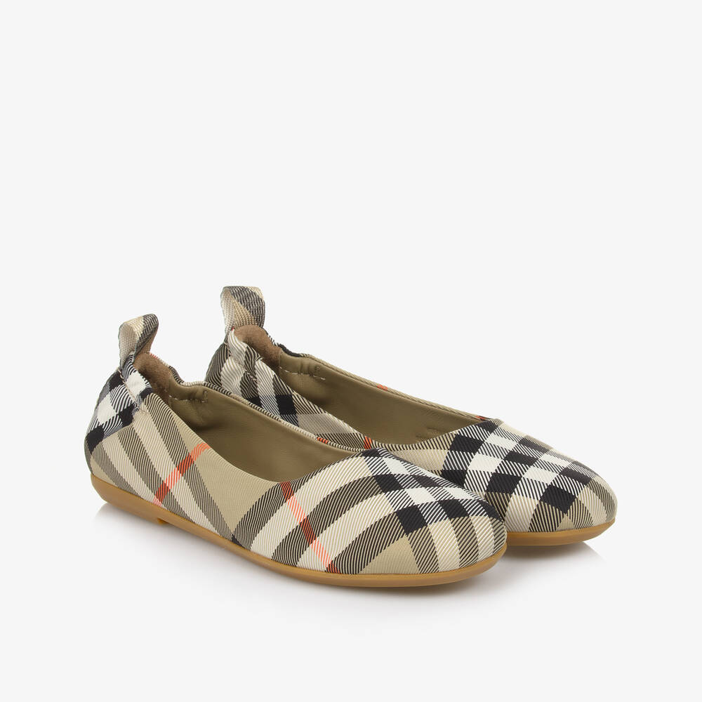Burberry-Girls Beige Check Ballerina Pumps | Childrensalon