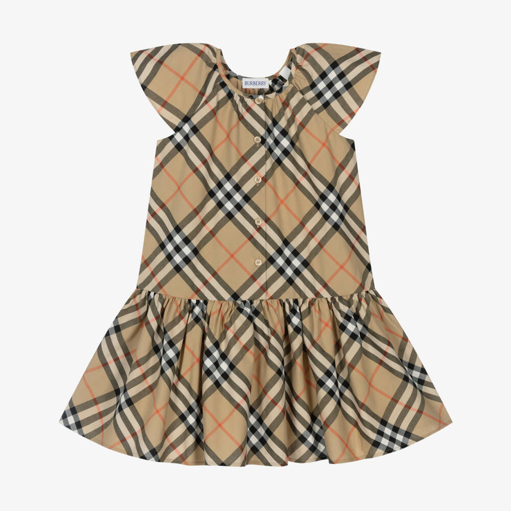 Burberry-Girls Beige Check Cotton Dress | Childrensalon