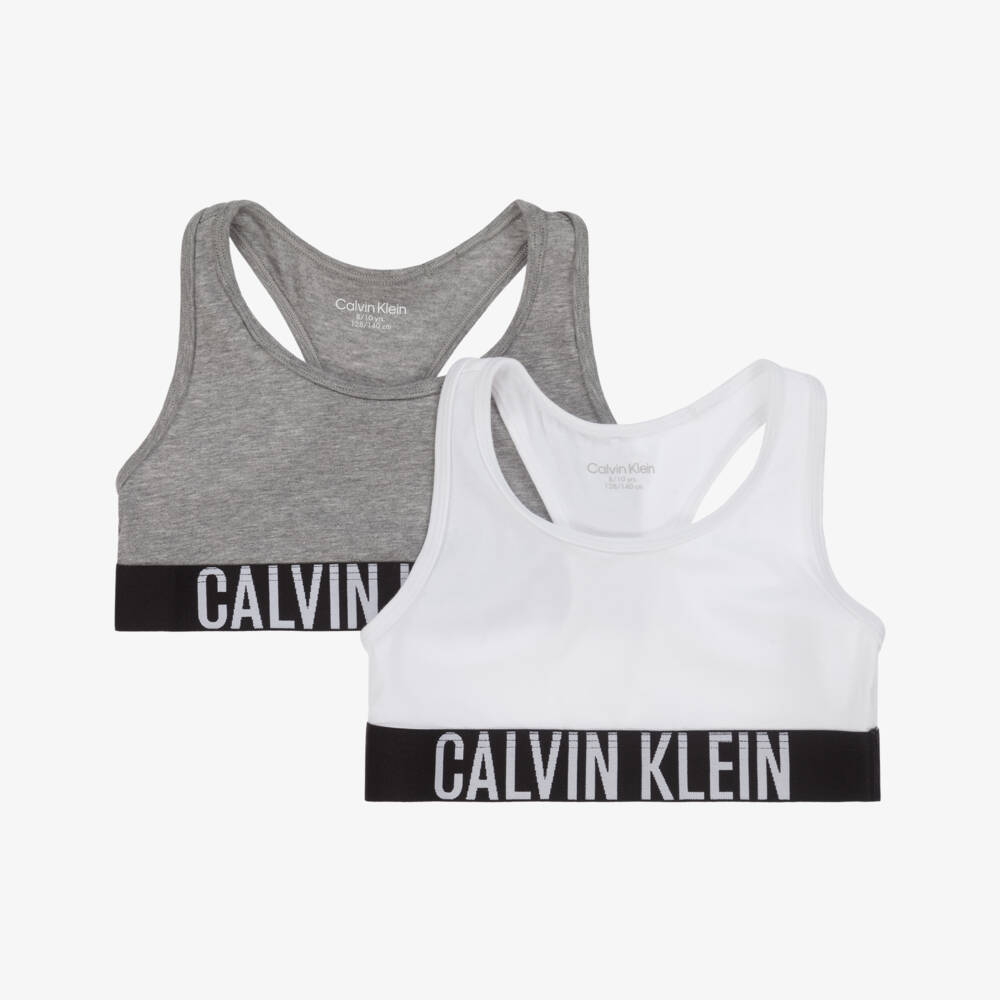 Calvin Klein-Girls White & Grey Cotton Cropped Tops (2 Pack) | Childrensalon