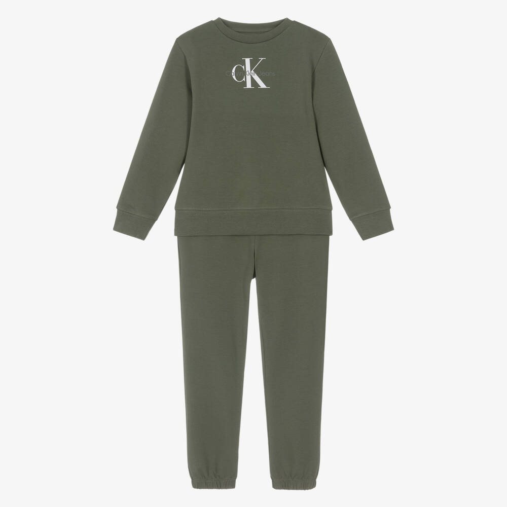 Calvin Klein-Khaki Green Cotton Monogram Logo Tracksuit | Childrensalon