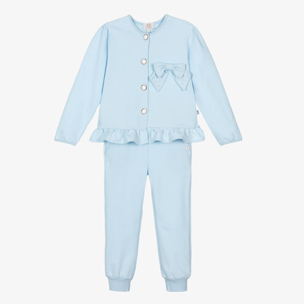 Caramelo Kids-Girls Blue Cotton Bow Tracksuit | Childrensalon