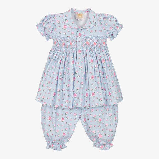 Caramelo Kids-Girls Blue Hand-Smocked Cotton Nightie Set | Childrensalon