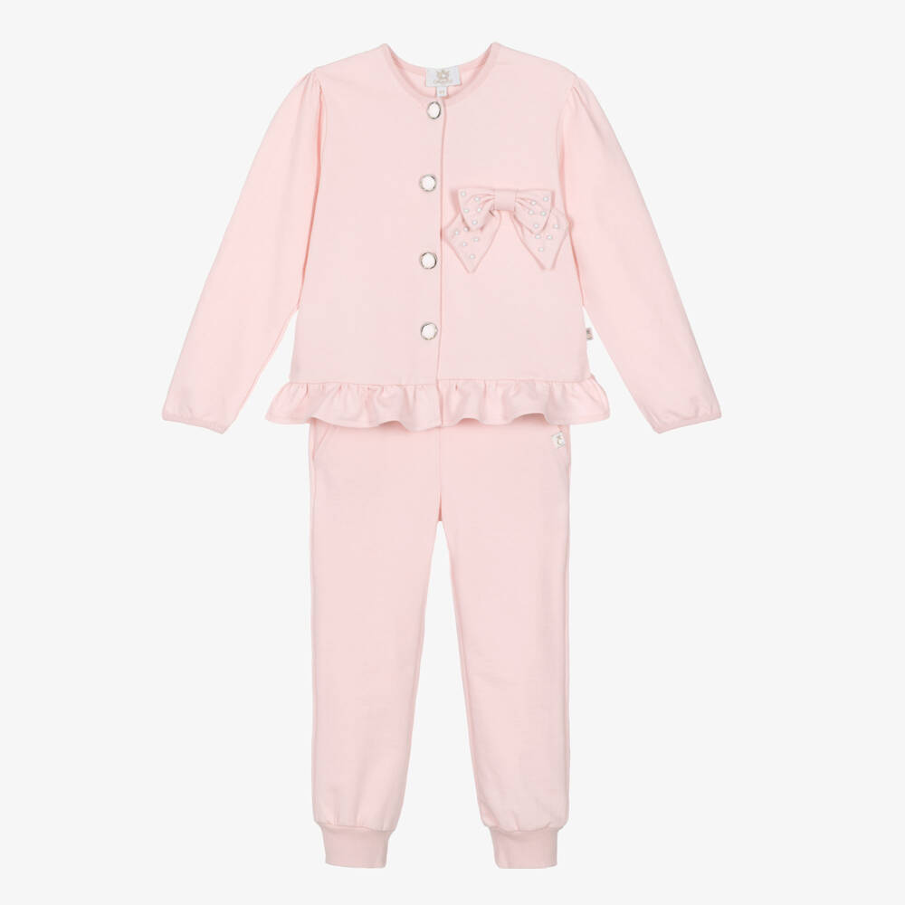 Caramelo Kids-Girls Pink Cotton Bow Tracksuit | Childrensalon