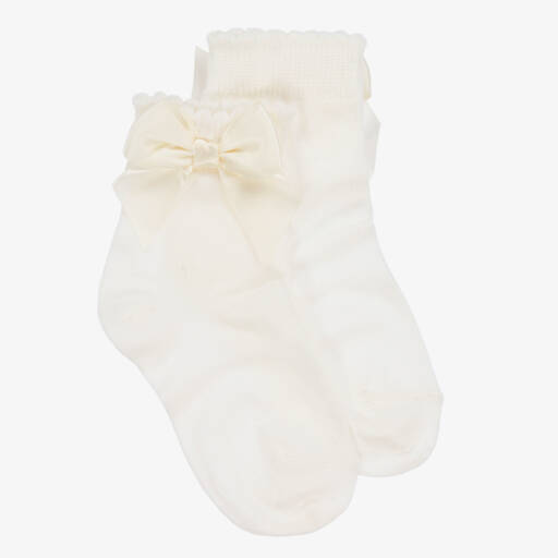 Carlomagno-Girls Ivory Cotton Socks With Satin Bow | Childrensalon