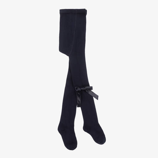 Carlomagno-Girls Navy Blue Cotton Bow Tights  | Childrensalon
