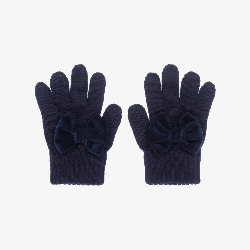 Catya-Girls Navy Blue Velvet Bow Merino wool gloves | Childrensalon