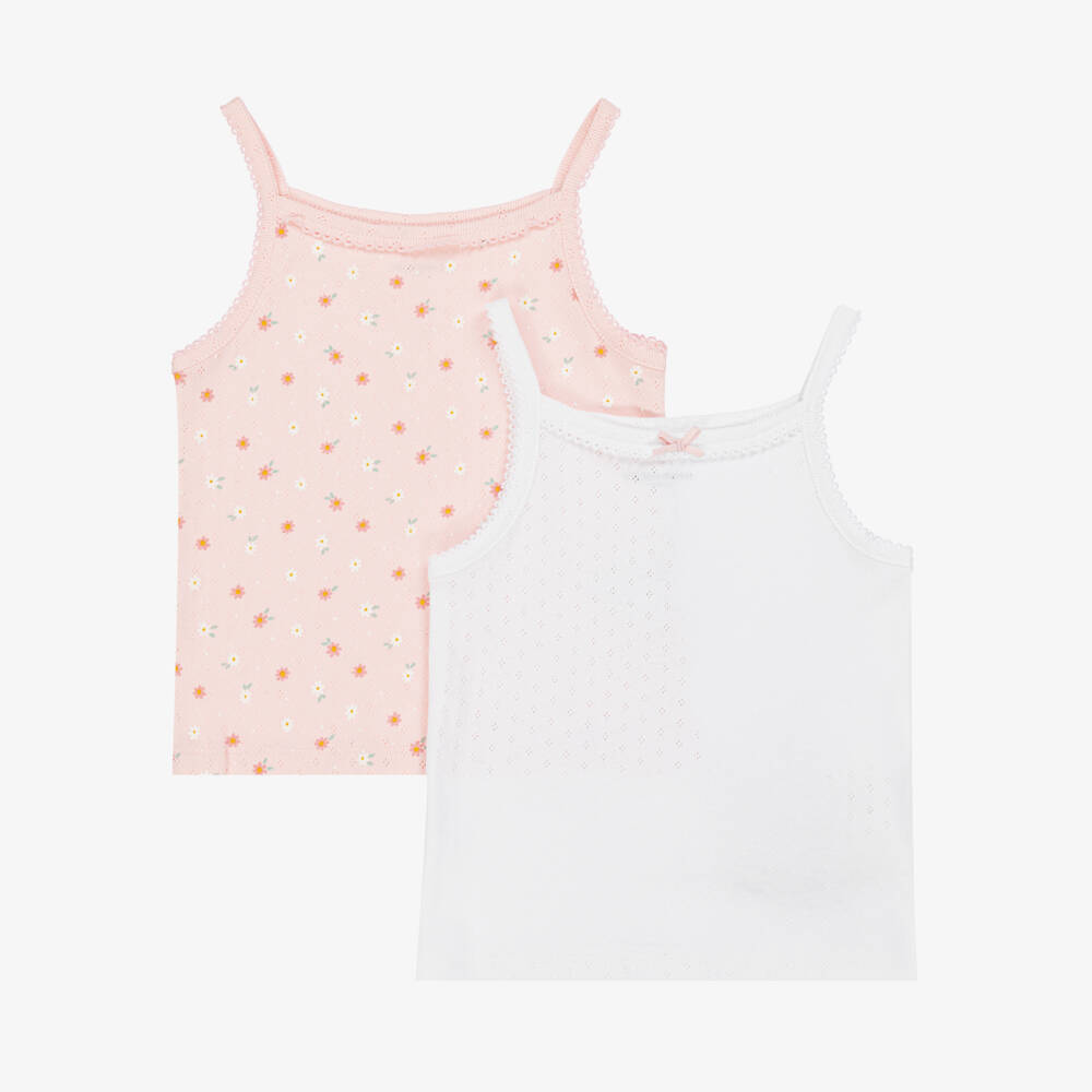 Childrensalon Essentials-Girls White & Pink Floral Organic Cotton Vests (2 Pack) | Childrensalon