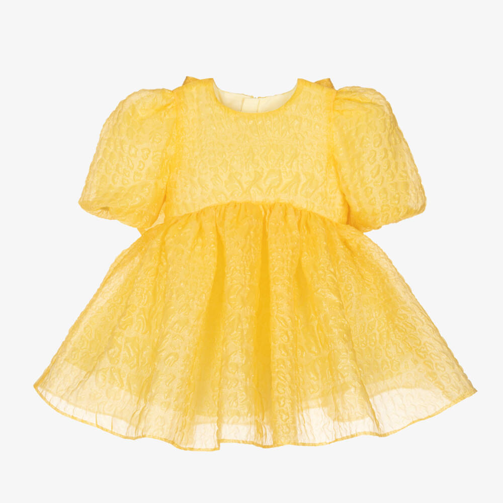 Childrensalon Occasions-Girls Yellow Jacquard Bow Dress | Childrensalon