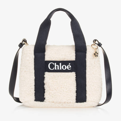 Chloé-Girls Ivory & Blue Sherpa Fleece Bag (29cm) | Childrensalon
