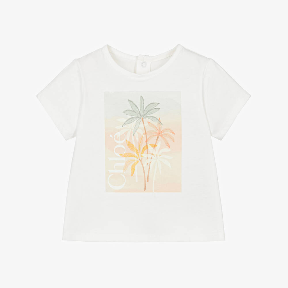 Chloé-Girls Ivory Cotton Palm Tree T-Shirt | Childrensalon