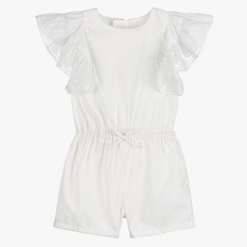 Chloé-Girls Ivory Cotton Ruffle Playsuit | Childrensalon