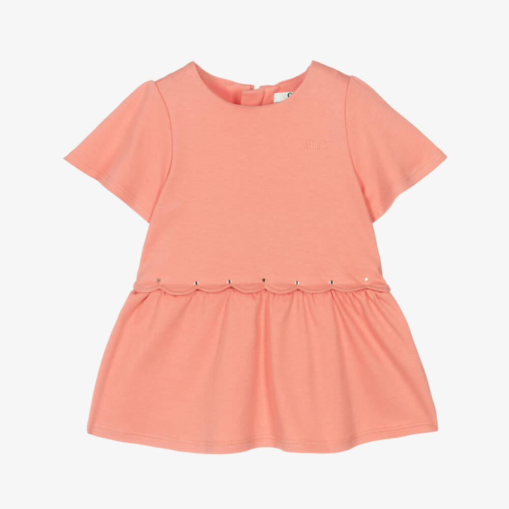 Chloé-Girls Pink Cotton Scalloped Dress | Childrensalon